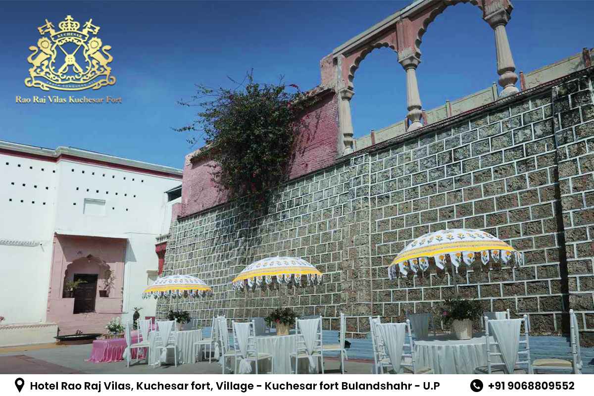 Outdoor seating area at Kuchesar Fort, one of the best resorts near Delhi for a peaceful stay.